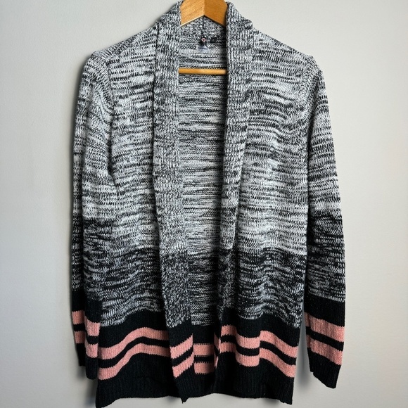 Poof Women's Black + White Open Front Long Sleeve Cardigan Sweater Size Large - Picture 1 of 12